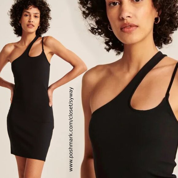Abercrombie & Fitch Asymmetrical One-Shoulder Ponte Mini Little Black Dress - Picture 2 of 7